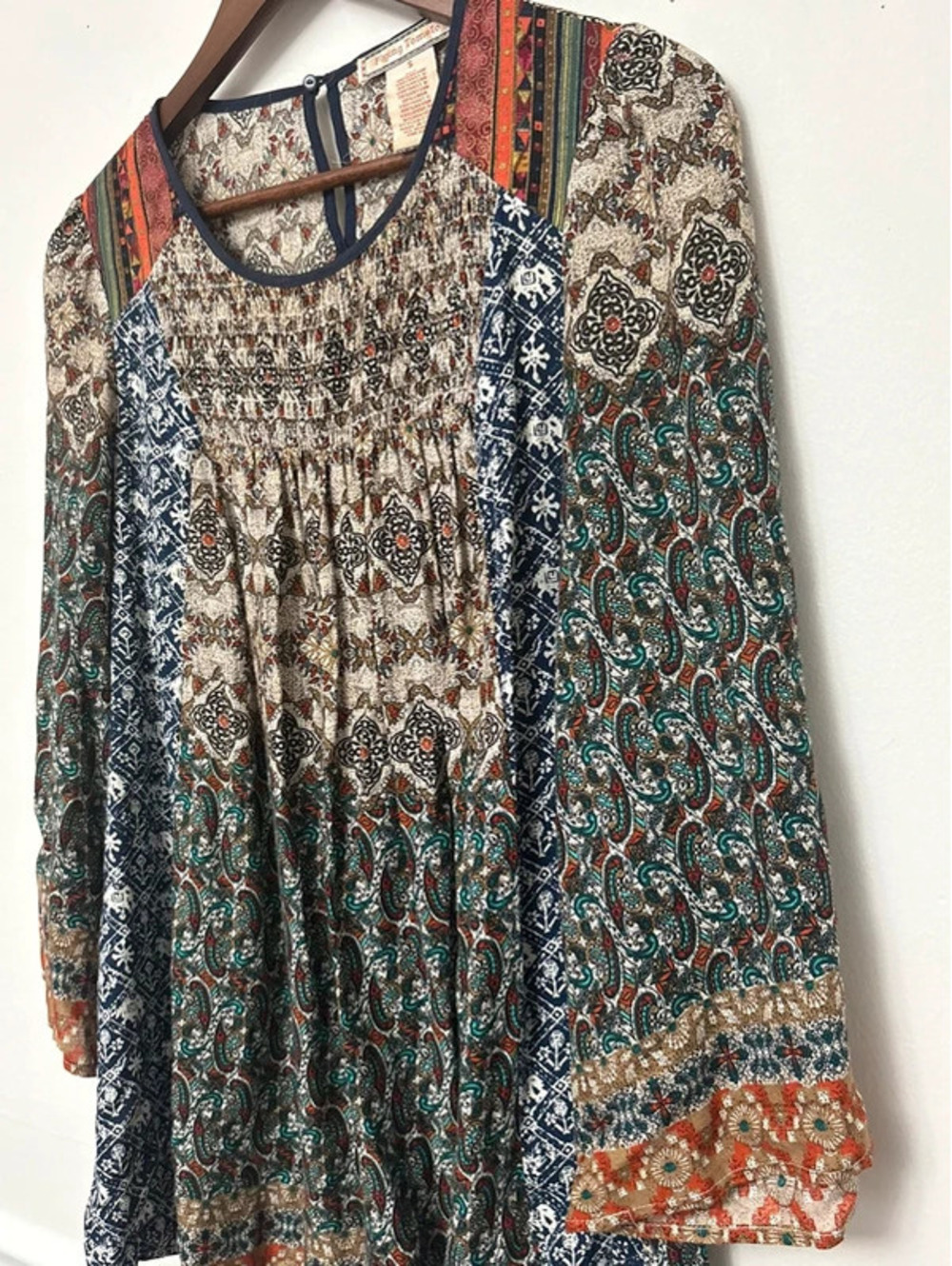 Flying Tomato Boho Mixed Print Smocked Tunic Top Size Small - Picture 3 of 6